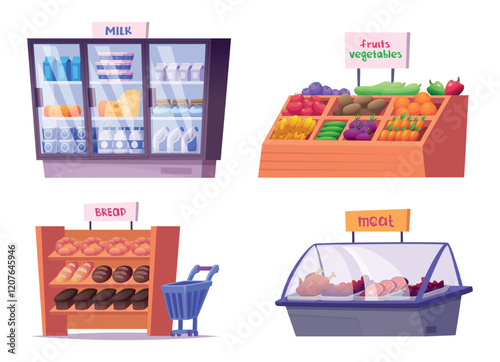 Grocery interior. Market food in big mall center exact vector grocery product illustrations