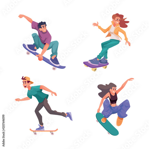Skateboarders. Teen riders skaters on longboards have fun in city park sport kids skating exact vector people pictures in cartoon style