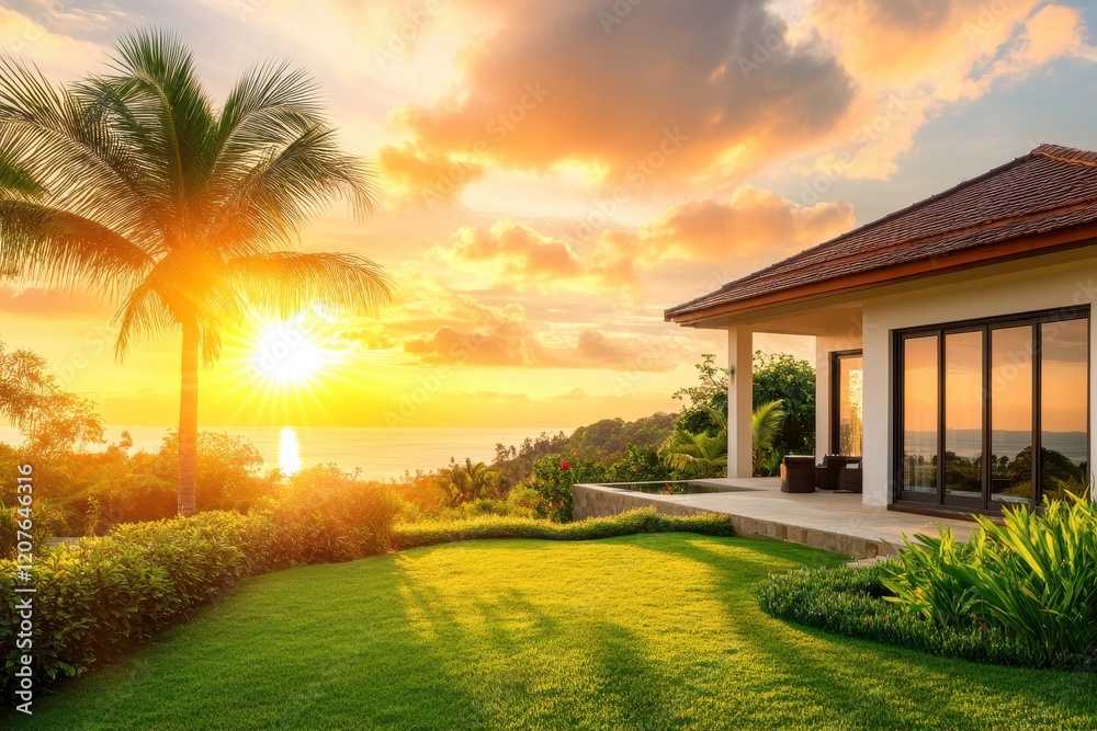 Fototapeta premium Serene Vibrant Sunset Over Coastal Landscape with Lush Greenery and Tranquil Atmosphere Perfect for Copy Space and Peaceful Retreats