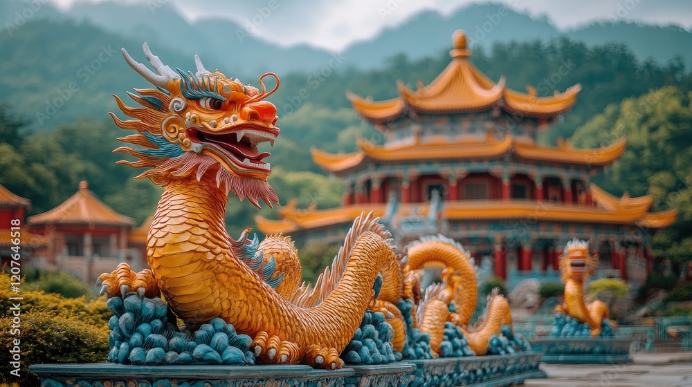 Fototapeta premium Golden Dragon Statue, Temple, Mountains, Asia, Tourism