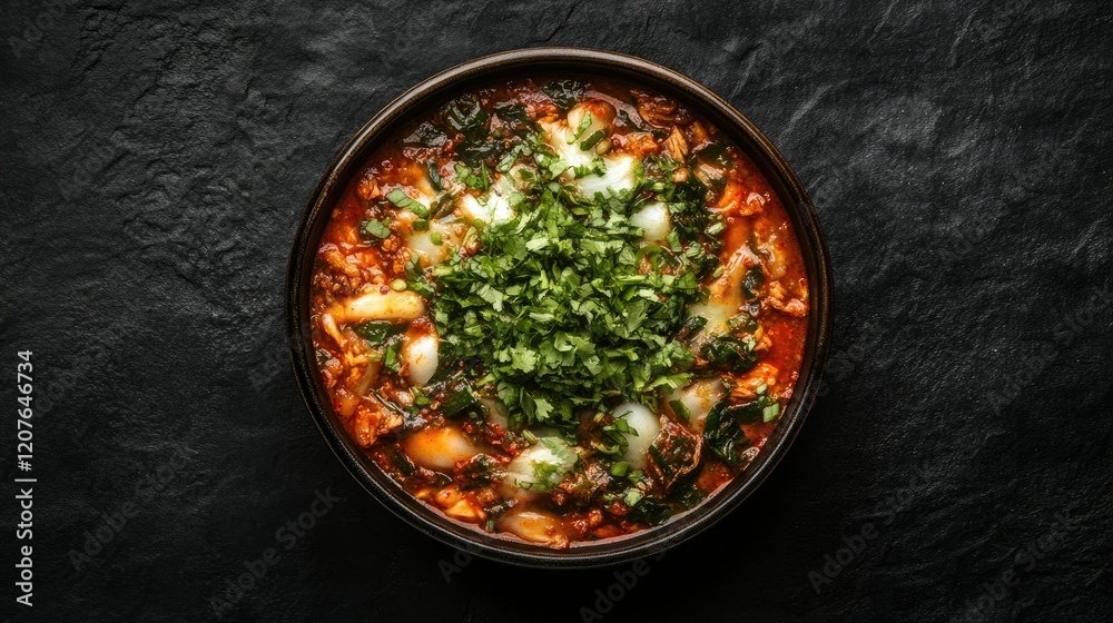 Fresh Korean kimchi arranged in a round ceramic dish, its bold red and green colors popping against a black background. Fresh Korean kimchi arranged in a round ceramic dish, its bold red and green colors popping against a black background.