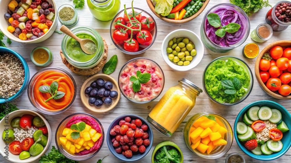 Kitchen countertop scene: A vibrant aerial view of healthy salad bowls and refreshing smoothies. Kitchen countertop scene: A vibrant aerial view of healthy salad bowls and refreshing smoothies.