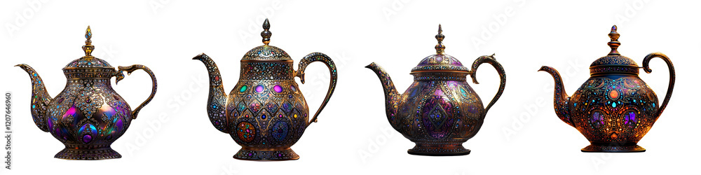 set of a teapot with intricate patterns illuminated by vibrant colors against isolated on a transparent background set of a teapot with intricate patterns illuminated by vibrant colors against isolated on a transparent background