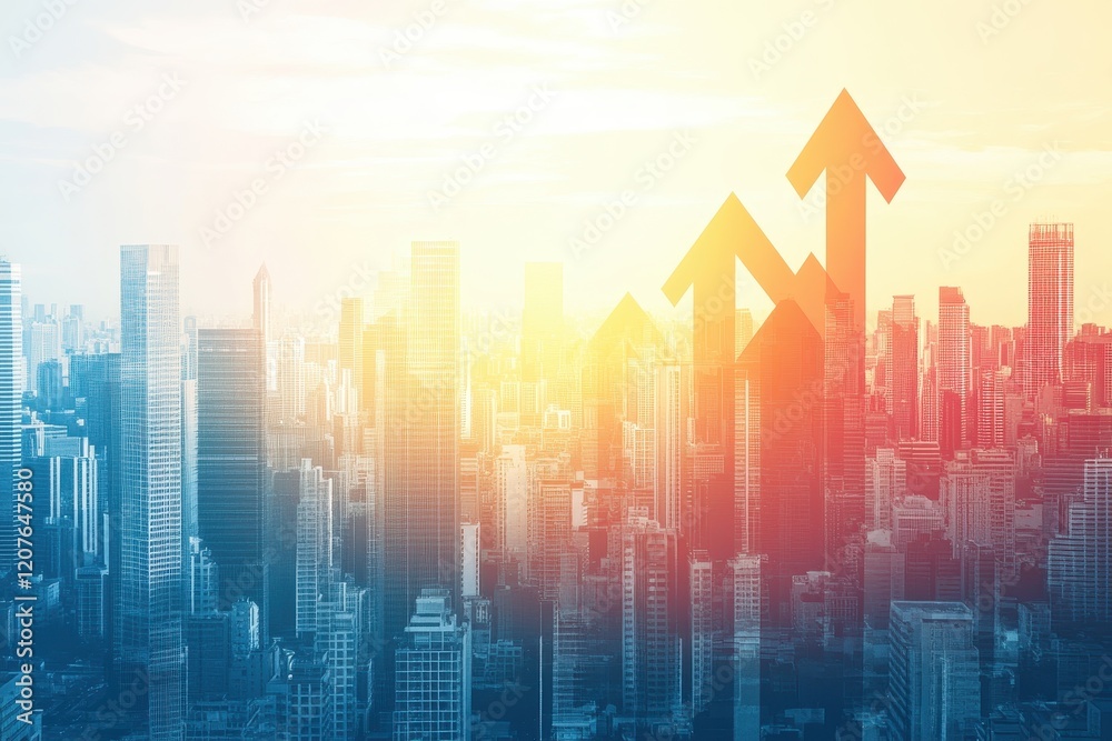 Fototapeta premium Stunning City Skyline at Sunset with Dynamic Arrow Graphics Symbolizing Growth and Opportunity in a Vibrant Urban Landscape for Business and Inspiration