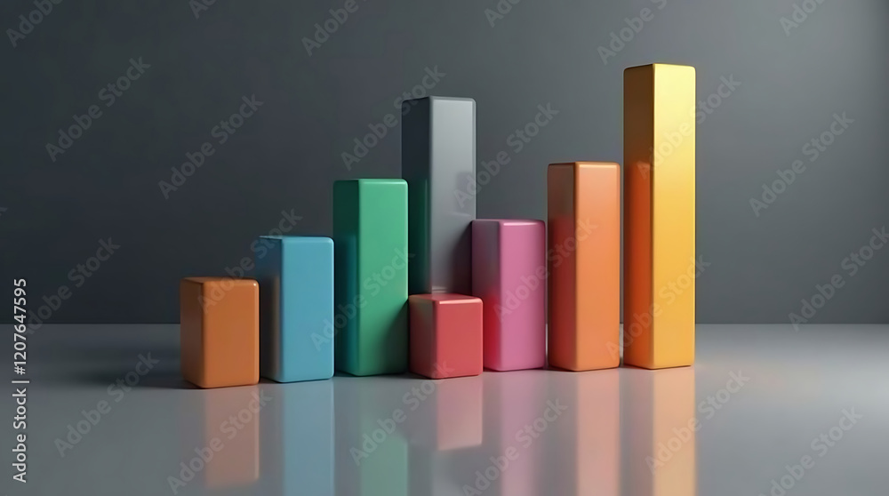 Vivid 3D Bar Chart with Gradient Colors on Reflective Surface, Modern Data Visualization Concept Vivid 3D Bar Chart with Gradient Colors on Reflective Surface, Modern Data Visualization Concept