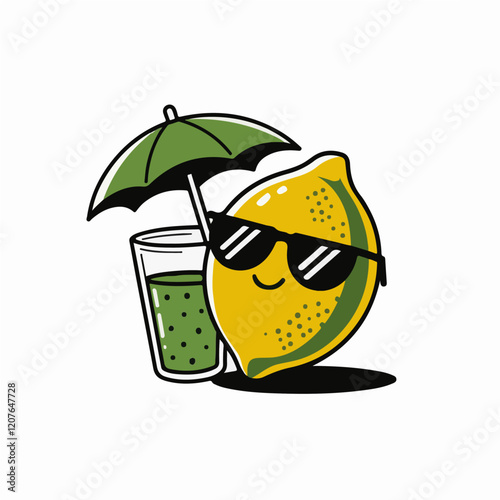 Cartoon vector illustration of a fresh summer cocktail with orange fruit, green leaves, and cucumber in a glass cup, perfect for food and drink icon design
