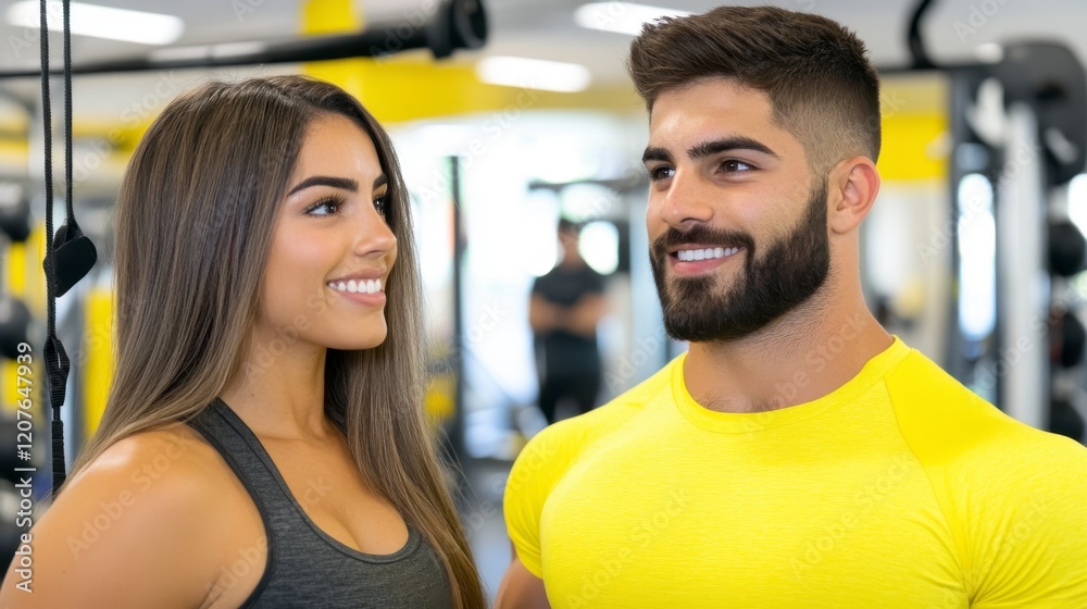 Obraz premium Fitness couple smiling and interacting in modern gym setting