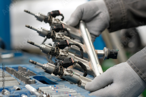 Car service. Engine repair. Fuel frame with injectors. Close-up. The car mechanic performs repair work, restores the fuel system of the car.