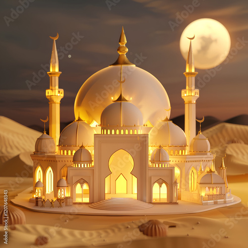 quaint mosque in the desert with a golden glow, Ramadan Kareem, paper-cut art style photo