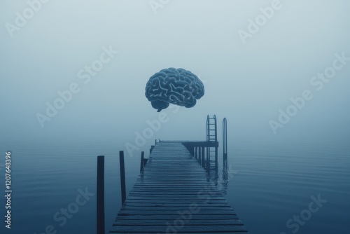 Surreal Misty Lake Scene with Detached Brain Floating Above Pier Under Fog, Minimalist Background with Copy Space for Creative Projects and Concepts photo