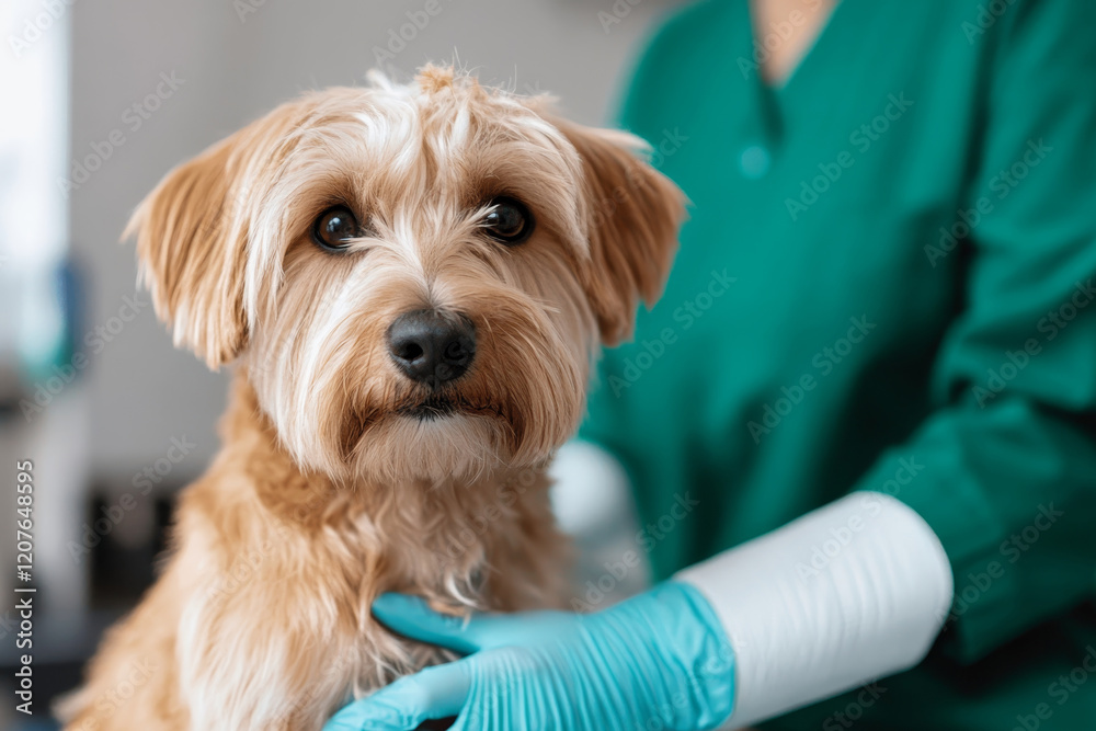Veterinary examination of a small dog in a clinic setting during the day with a caring professional attending to it Veterinary examination of a small dog in a clinic setting during the day with a caring professional attending to it