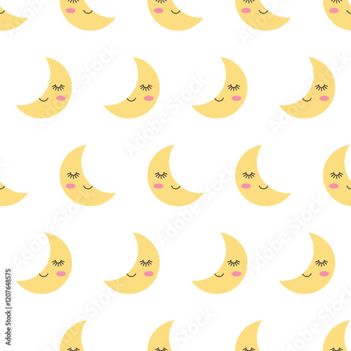 Cute Smiling Moon Seamless Pattern. Seamless pattern of adorable crescent moons with smiling faces and rosy cheeks, designed on a white background for a playful look