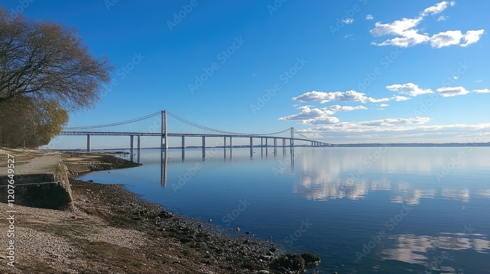 Serene Bridge Reflection Over Calm Water Under Clear Sky Serene Bridge Reflection Over Calm Water Under Clear Sky