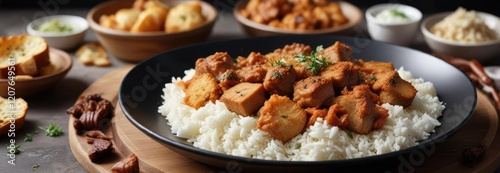 Aromatic fettah served hot with crispy bread and white rice, garnished with veal chunks, seasoned garlic, and crispy fried garlic, warm meal, veal chunks, fettah platter photo