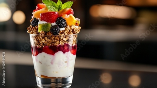 A colorful frozen yogurt parfait layered with granola, fresh fruits, and a drizzle of honey in a clear glass.