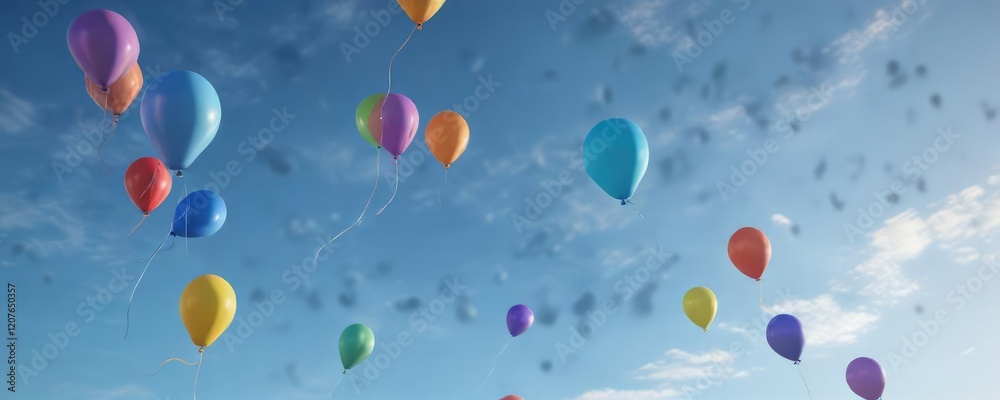 Balloons in vibrant hues drifting through the air, their colors reflected on a serene blue sky, vibrant colors, wind Balloons in vibrant hues drifting through the air, their colors reflected on a serene blue sky, vibrant colors, wind
