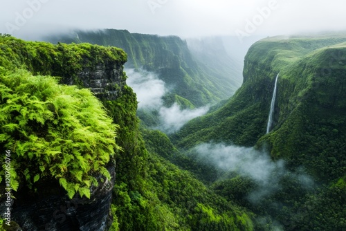 A scenic view of the Eastern Highlands, with lush green hills, misty forests, and a cascading waterfall in the distance