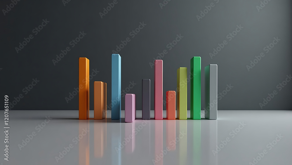 Obraz premium Vivid 3D Bar Chart with Gradient Colors on Reflective Surface, Modern Data Visualization Concept