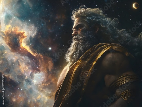 Majestic Cosmic God: A Dramatic, Golden-Hued Portrait photo