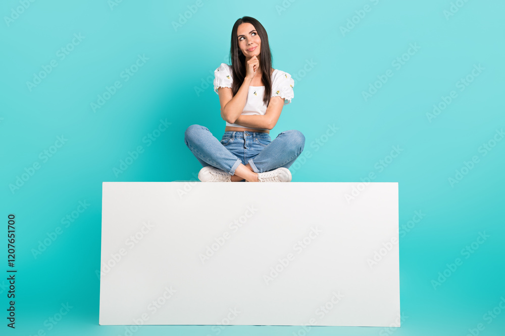 Full length photo of charming dreamy girl dressed white top texting modern device empty space isolated teal color background Full length photo of charming dreamy girl dressed white top texting modern device empty space isolated teal color background