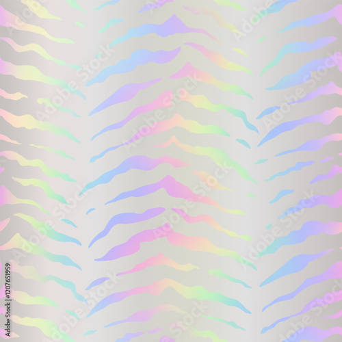 Animal stripe seamless pattern. Repeating holograph line texture. Repeated iridescent background for design gifts prints. Repeat hologram zebra patern. Abstract holographic foil. Vector illustration