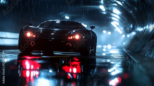 Night Drive: A Sleek Sports Car Under Rainy Tunnel Lights photo