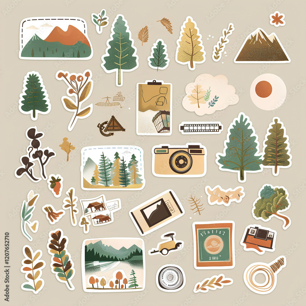 hand-drawn illustration of postcards, stamps, and film strips with various landscapes, illustrations, icons, and letters on a beige background. hand-drawn illustration of postcards, stamps, and film strips with various landscapes, illustrations, icons, and letters on a beige background.