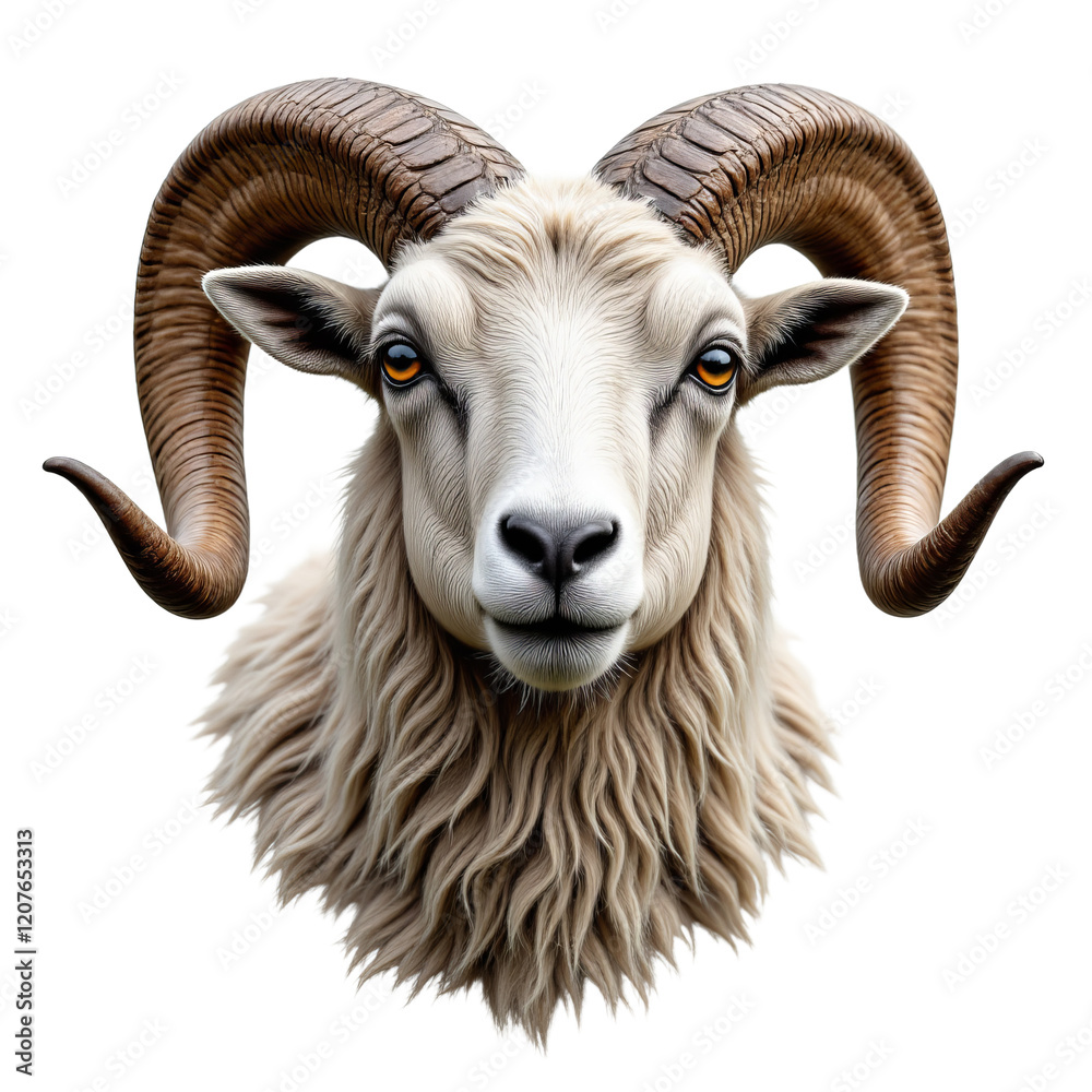 Ram with large brown horns and amber eyes, transparent background Ram with large brown horns and amber eyes, transparent background