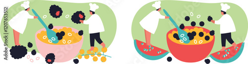 Tiny people and fruits cartoon vector illustration. Healthy eating, cooking vegetarian food and dieting concept. People and berries, summer harvest. Summer time.	
