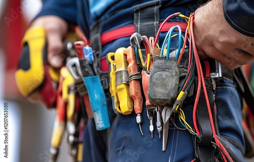 A close-up of an electrician's tool belt with various tools, including wire cutters and pliers