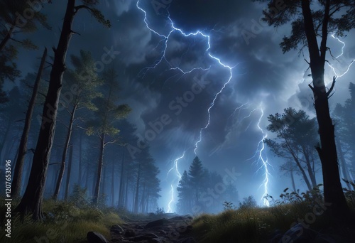 glowing blue lightening in the air above a dense forest, blue glowing lightning, stormy weather, electrically charged particles