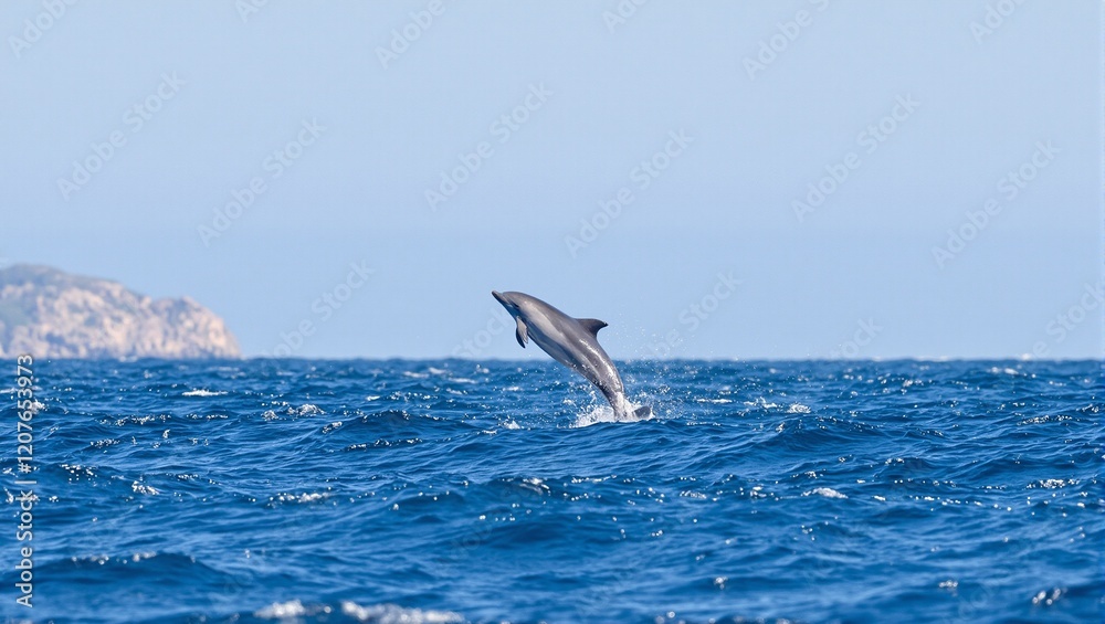 Fototapeta premium Graceful dolphin leaping in sparkling ocean coastline in background