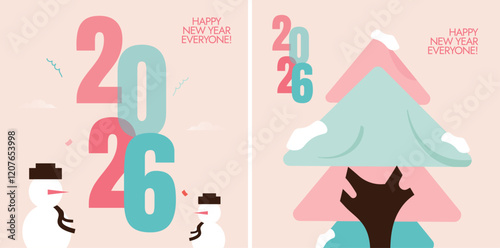 Happy New Year 2026. New Year template in wintery concept shows a snowman and a Christmas tree with triangular tops on a light beige background. Vector illustration.