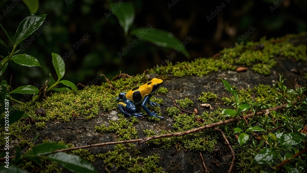 Vivid poison dart frog on mossy rock in Costa Rica rainforest