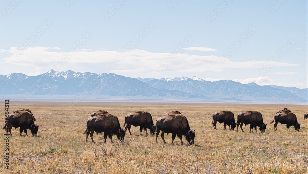 Majestic bison herd on Midwest plains with distant mountains Majestic bison herd on Midwest plains with distant mountains