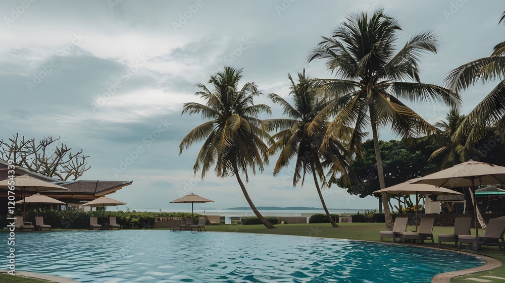 Fototapeta premium Luxurious Tropical Resort Pool at Sunset - Perfect Adobe Stock Image