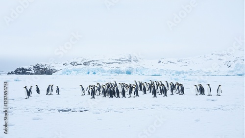 Penguins waddling on icy Antarctica readying for a chilly swim photo