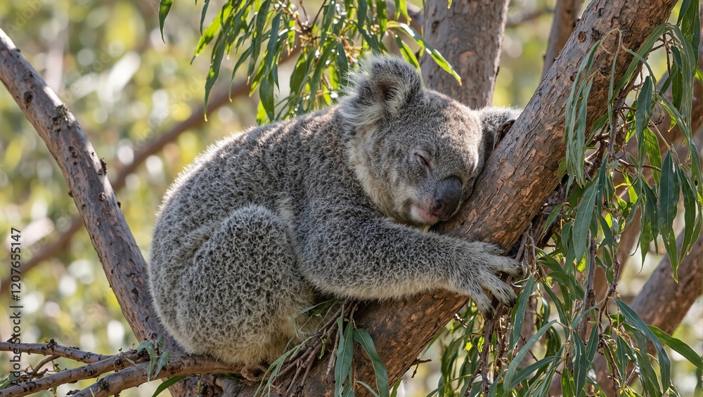 Obraz premium Tranquil koala napping in eucalyptus tree blending with leaves in Australian outback