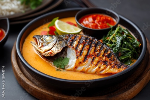 A traditional Zambian meal featuring nshima, grilled tilapia, and sautÃ©ed greens, served on a wooden plate with a side of chili sauce photo