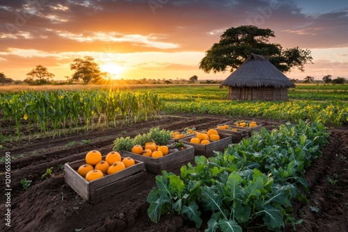 A traditional Zimbabwean garden with maize and pumpkin plants growing beside a thatched hut photo