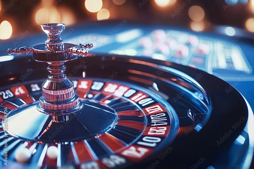 Casino roulette wheel spinning with motion blur and colorful bokeh lights in background, creating an exciting atmosphere of risk and chance Casino roulette wheel spinning with motion blur and colorful bokeh lights in background, creating an exciting atmosphere of risk and chance