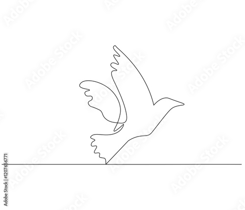 Continuous one line drawing of pigeon. Bird symbol of peace and freedom. Single line drawing illustration of flying dove. style Concept vector art. Doodle line illustration. photo