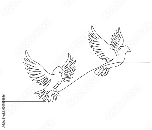 Continuous one line drawing of pigeon. Bird symbol of peace and freedom. Single line drawing illustration of flying dove. style Concept vector art. Doodle line illustration.