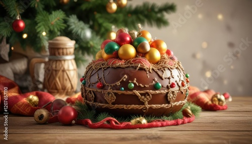 Christbaumkugel mit bunten Dekorationsballen und lederhosen in verschiedenen Farben, festliche, dekration