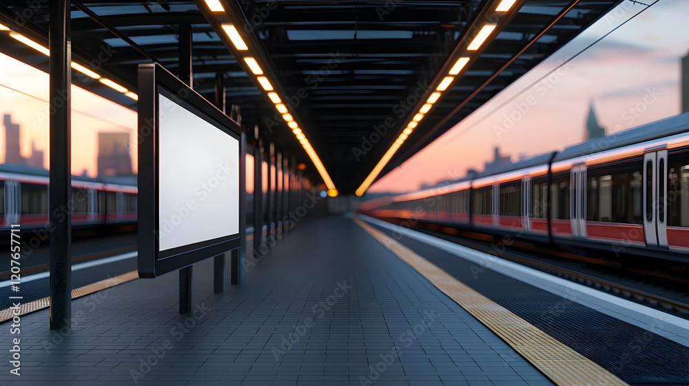 Urban Train Station Platform with Empty Billboard and Sunset Sky Urban Train Station Platform with Empty Billboard and Sunset Sky