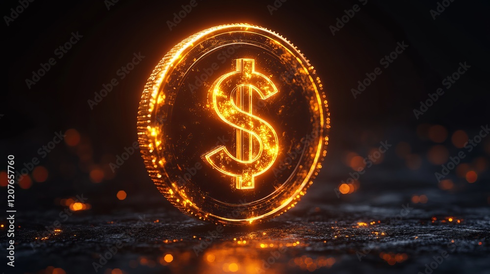 Illuminated Dollar Coin Radiating Bright Light Against Dark Background Evoking Wealth and Prosperity Illuminated Dollar Coin Radiating Bright Light Against Dark Background Evoking Wealth and Prosperity