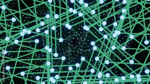 Abstract green network connection glowing nodes in dark space, digital data visualization, for tech backgrounds