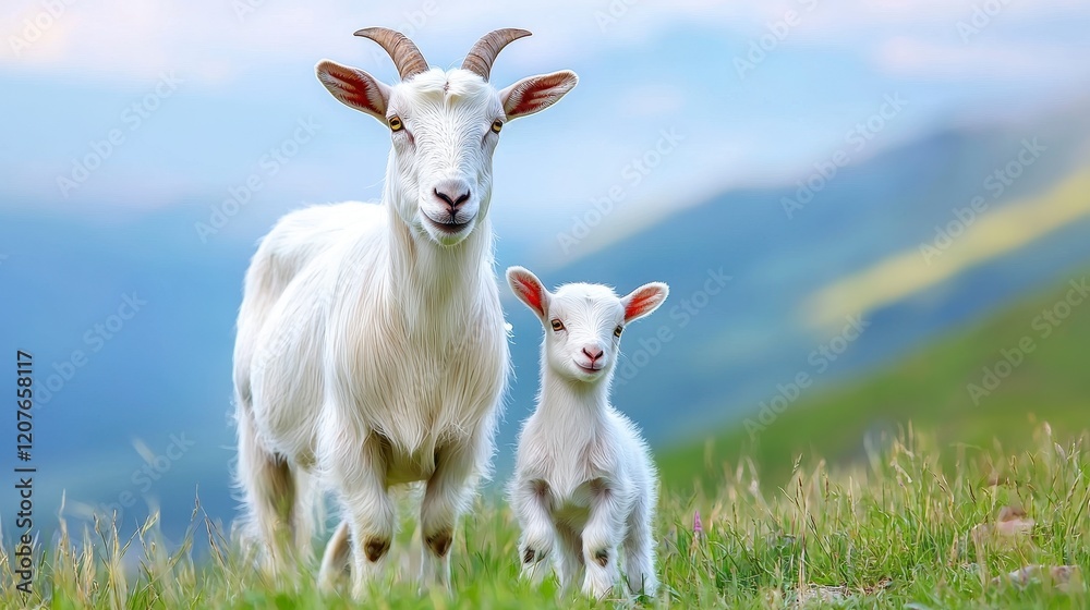 Goat and Kid in Lush Green Landscape Under Bright Blue Sky Goat and Kid in Lush Green Landscape Under Bright Blue Sky