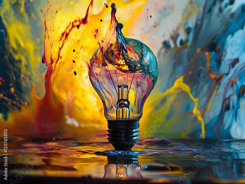 Lightbulb eureka moment Impactful inspiring artistic colorful explosion paint energy, creativity ideas burst innovation breakthrough discovery inspiration think outside the box brainstorm mastermind photo