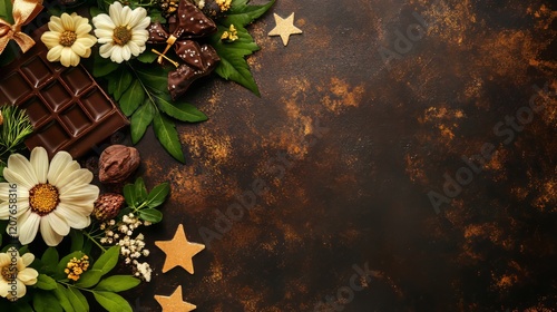 Delicious chocolate bar, flowers, and golden stars creating a festive border on dark background